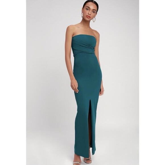 Lulus Dresses & Skirts - Lulus Teal Blue Strapless Maxi Dress With Split Front Hem Formal Gown XS NWT
